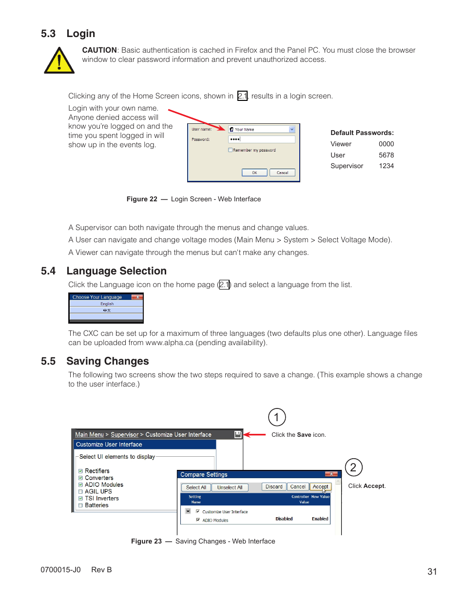 3 login, 4 language selection, 5 saving changes | Alpha Technologies Cordex Controller Ver.3.1x User Manual | Page 33 / 144