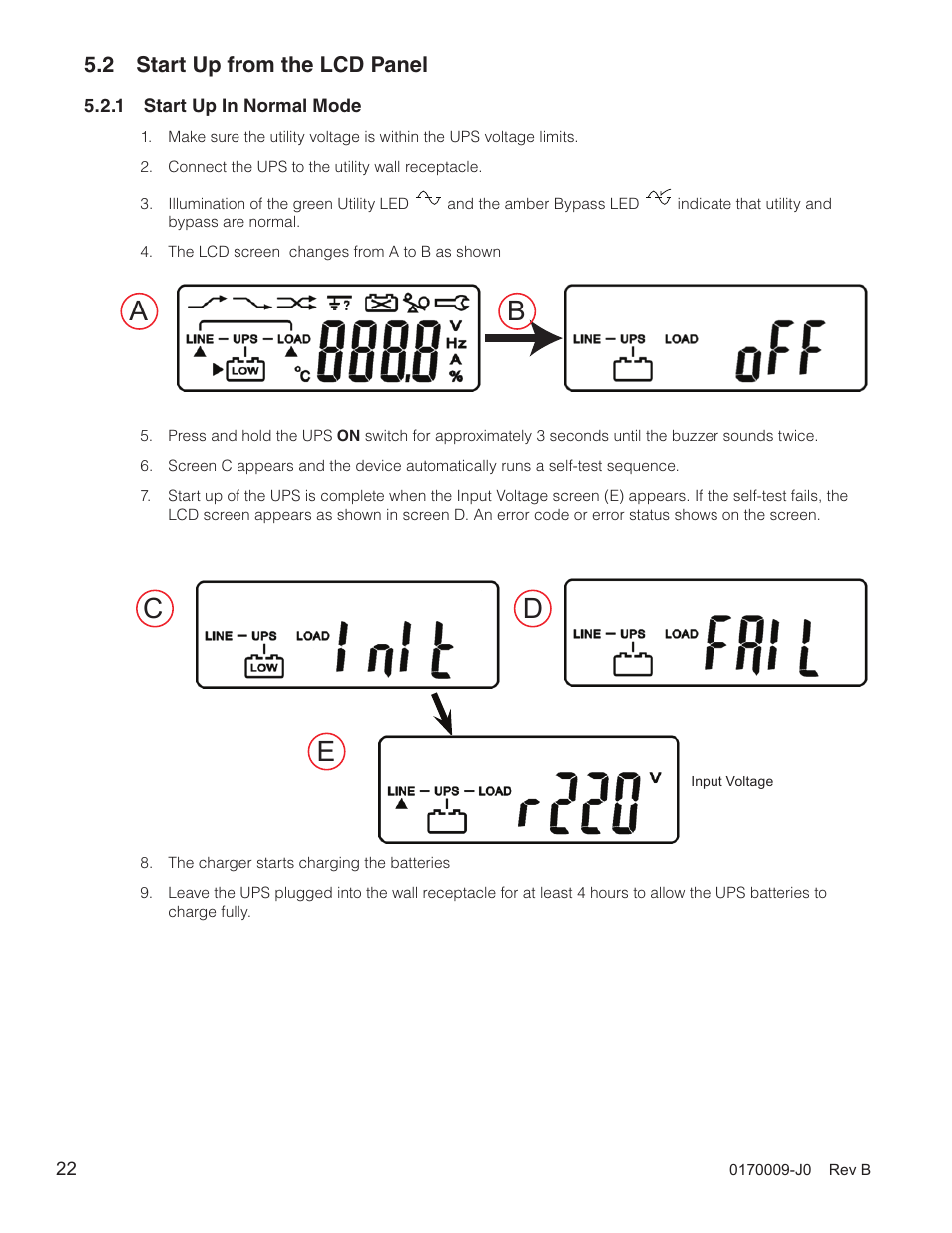 2 start up from the lcd panel, Ab c d e | Alpha Technologies Continuity: 1000_2000_3000 User Manual | Page 24 / 48