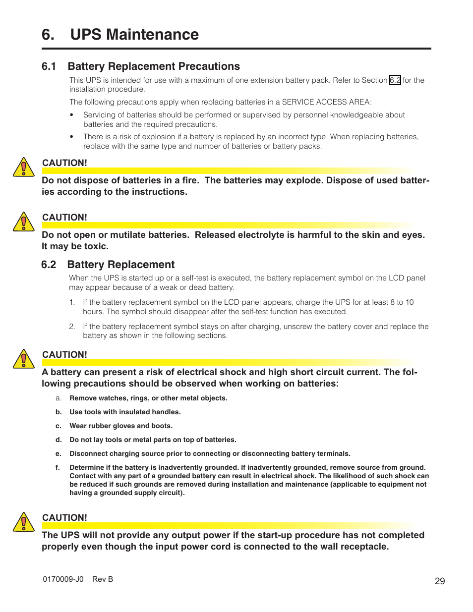 Ups maintenance, 1 battery replacement precautions, 2 battery replacement | Alpha Technologies Continuity: 1000_2000_3000 User Manual | Page 31 / 48