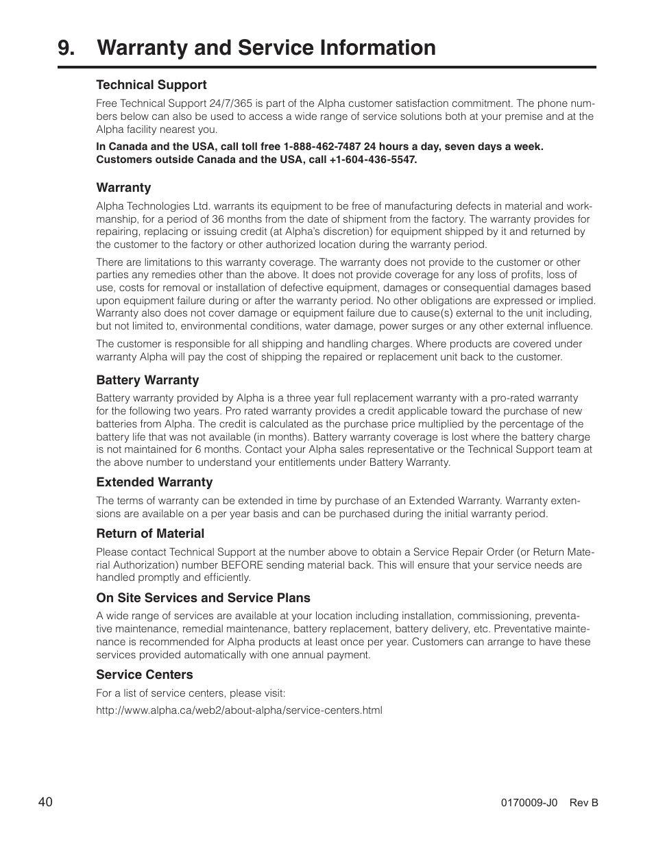Warranty and service information | Alpha Technologies Continuity: 1000_2000_3000 User Manual | Page 42 / 48