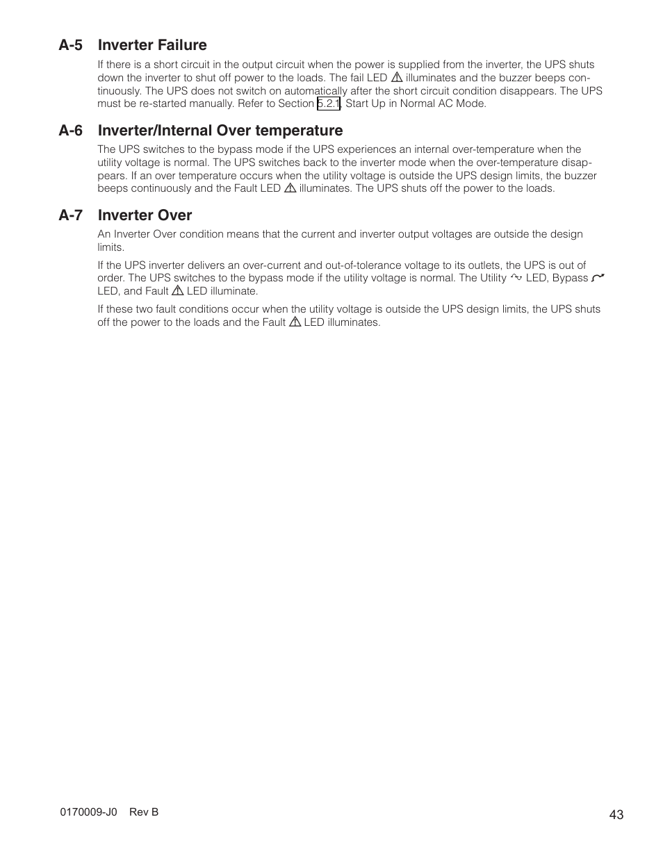 A-5 inverter failure, A-6 inverter/internal over temperature, A-7 inverter over | Alpha Technologies Continuity: 1000_2000_3000 User Manual | Page 45 / 48