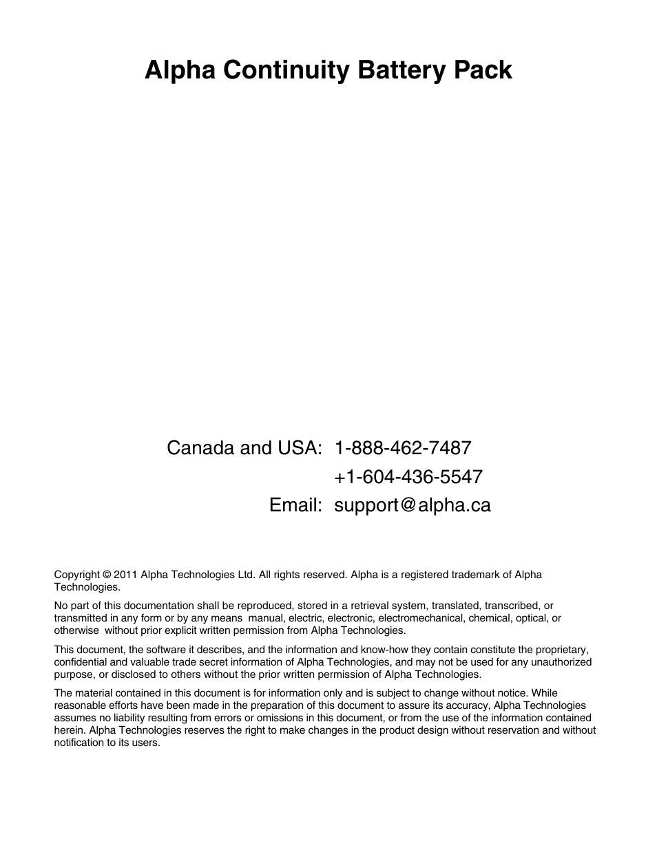 Alpha continuity battery pack, Copyright, For technical support, contact alpha technologies | Alpha Technologies Continuity Battery Pack User Manual | Page 3 / 20