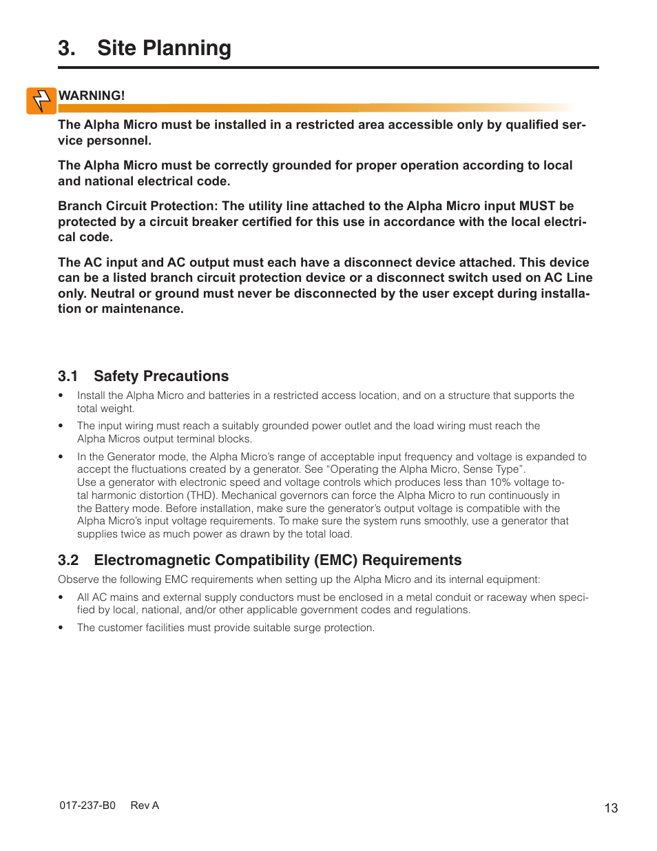 Site planning, 1 safety precautions, 2 electromagnetic compatibility (emc) requirements | Alpha Technologies Micro, Micro XL, Micro XL3 UPS User Manual | Page 15 / 99