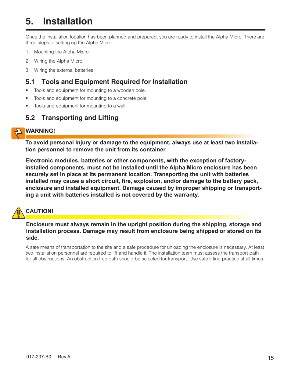 Installation, 1 tools and equipment required for installation, 2 transporting and lifting | Alpha Technologies Micro, Micro XL, Micro XL3 UPS User Manual | Page 17 / 99