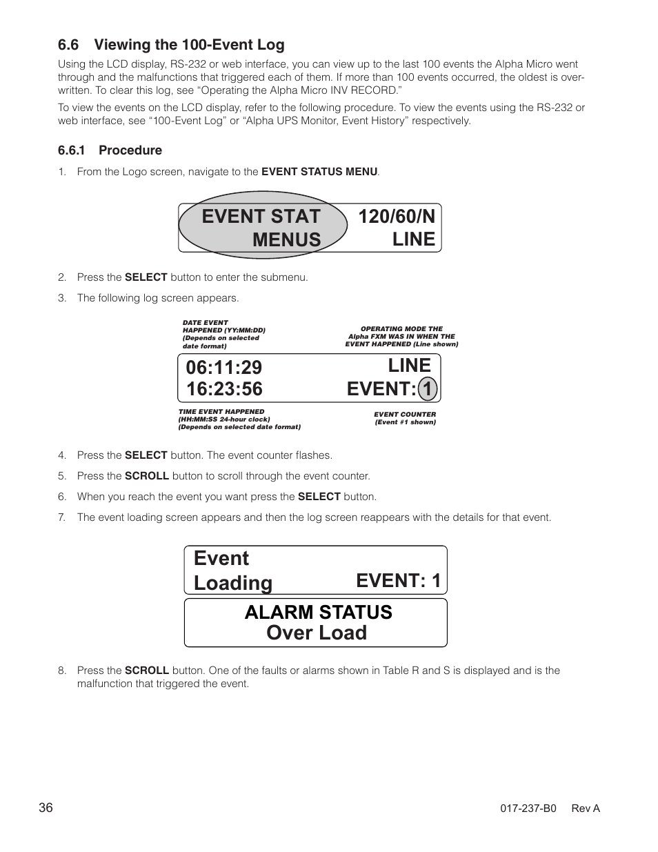 6 viewing the 100-event log, Event loading, Over load | Alarm status | Alpha Technologies Micro, Micro XL, Micro XL3 UPS User Manual | Page 38 / 99