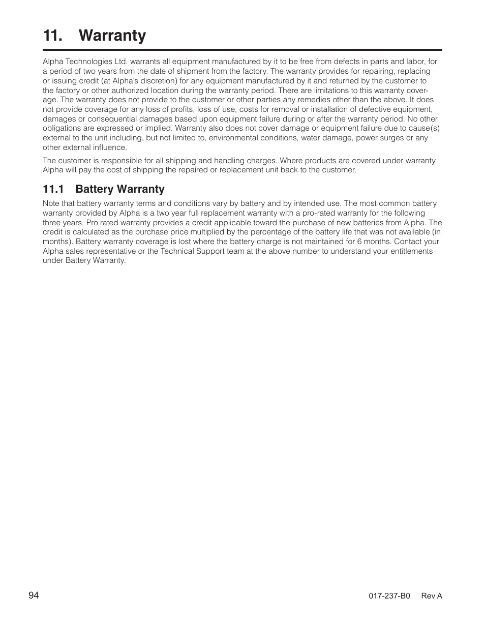 Warranty, 1 battery warranty | Alpha Technologies Micro, Micro XL, Micro XL3 UPS User Manual | Page 96 / 99