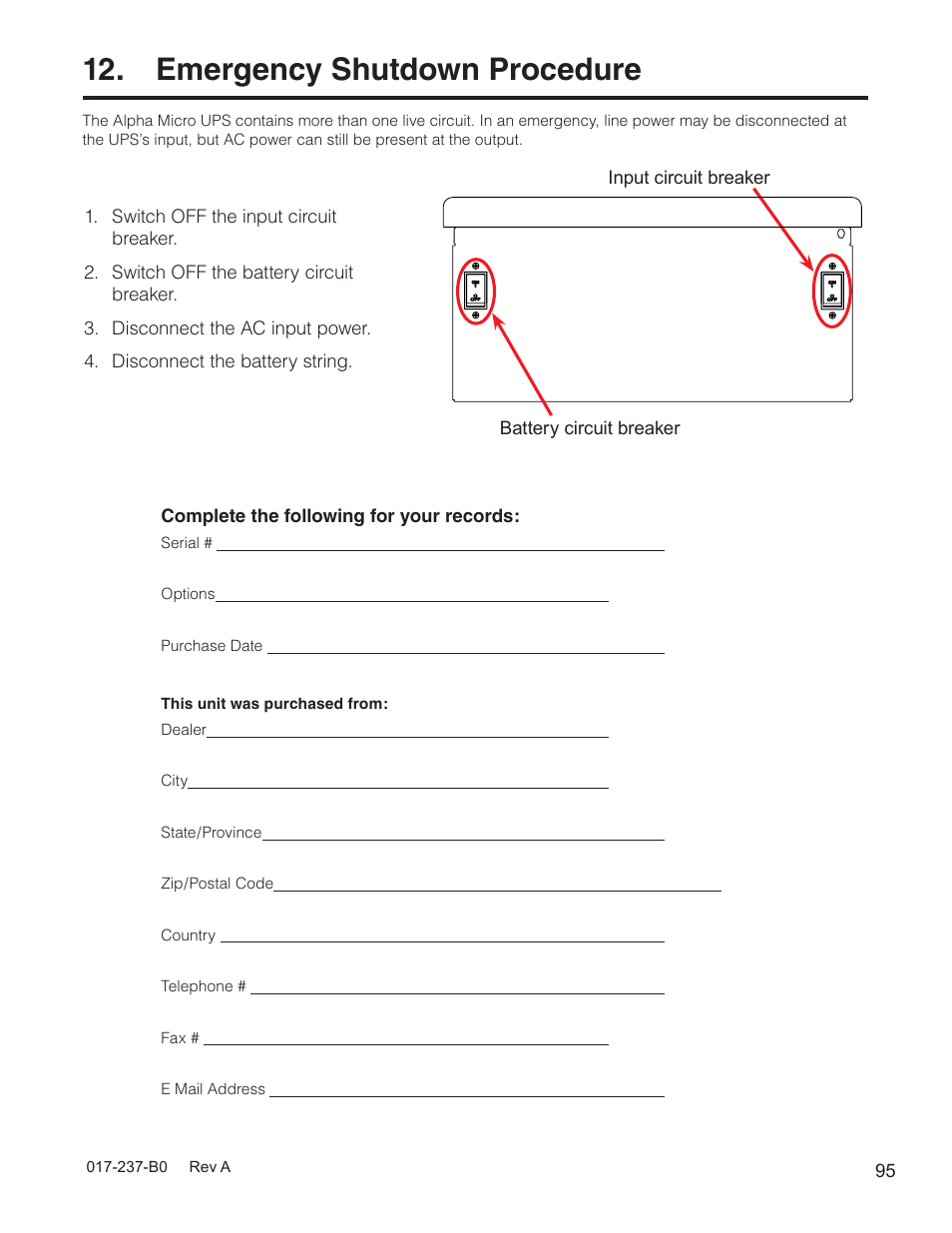 Emergency shutdown procedure | Alpha Technologies Micro, Micro XL, Micro XL3 UPS User Manual | Page 97 / 99
