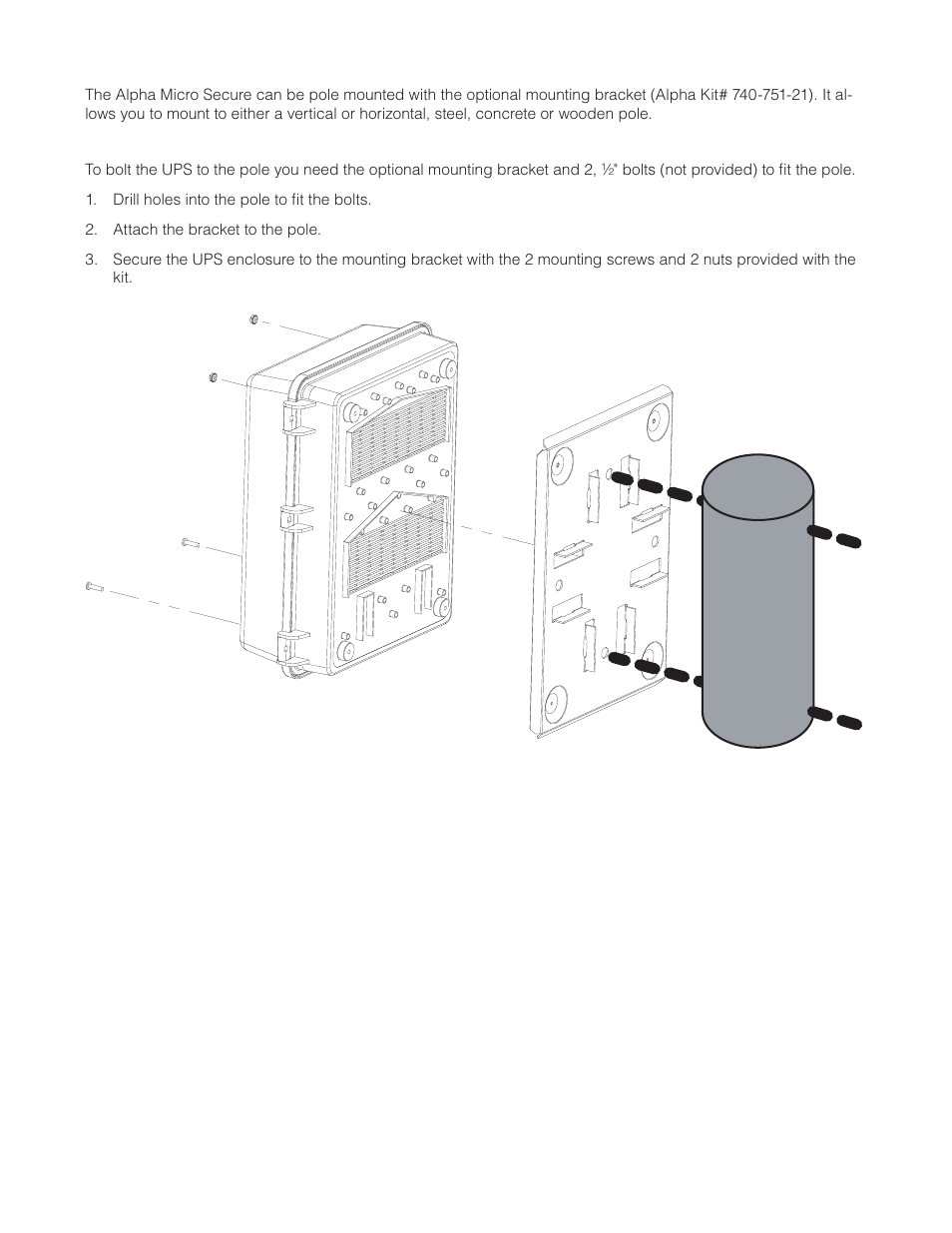 Figure 4 — mounting to a wooden pole | Alpha Technologies Micro Secure UPS User Manual | Page 16 / 80