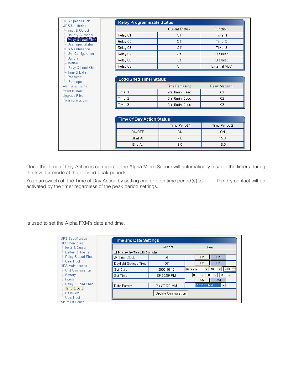 Figure 29 — ups maintenance: time & date screen, Figure 28 — time of day action status | Alpha Technologies Micro Secure UPS User Manual | Page 46 / 80