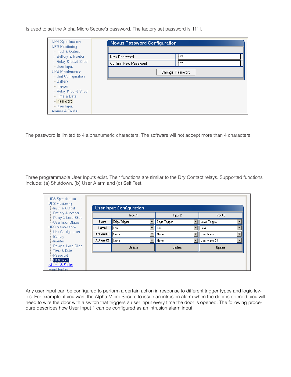 Figure 30 — ups maintenance: password screen, Figure 31 — ups maintenance: user input screen | Alpha Technologies Micro Secure UPS User Manual | Page 47 / 80
