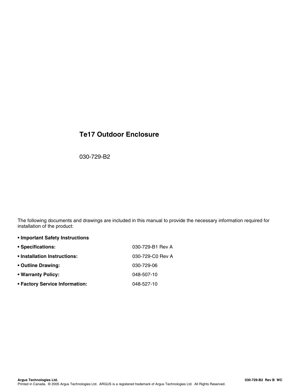Cover of manual, Te17 outdoor enclosure, 729-b2 | Alpha Technologies Te17 User Manual | Page 3 / 32
