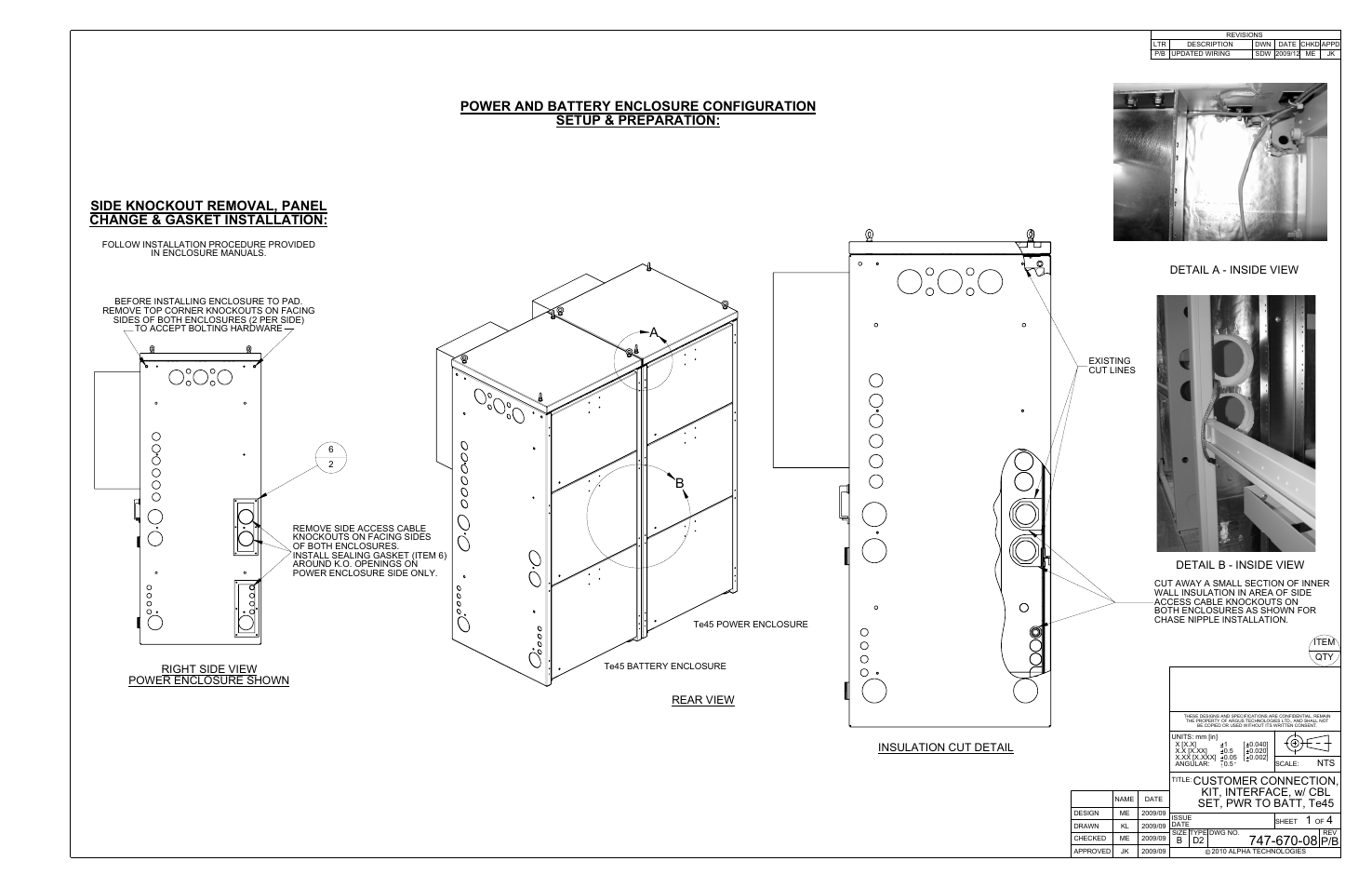 Achange & gasket installation, Side knockout removal, panel, P/b 1 4 | Detail a - inside view, Rear view, Right side view power enclosure shown, Insulation cut detail detail b - inside view | Alpha Technologies Te45 User Manual | Page 60 / 68