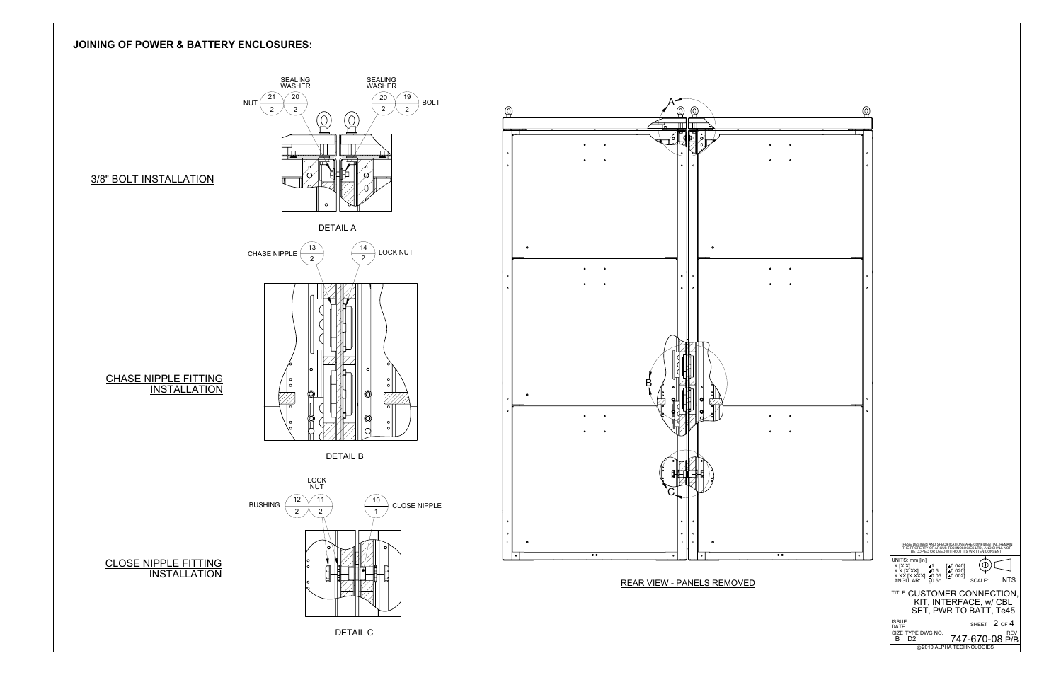 Ba c, Chase nipple fitting installation, 3/8" bolt installation | Alpha Technologies Te45 User Manual | Page 61 / 68