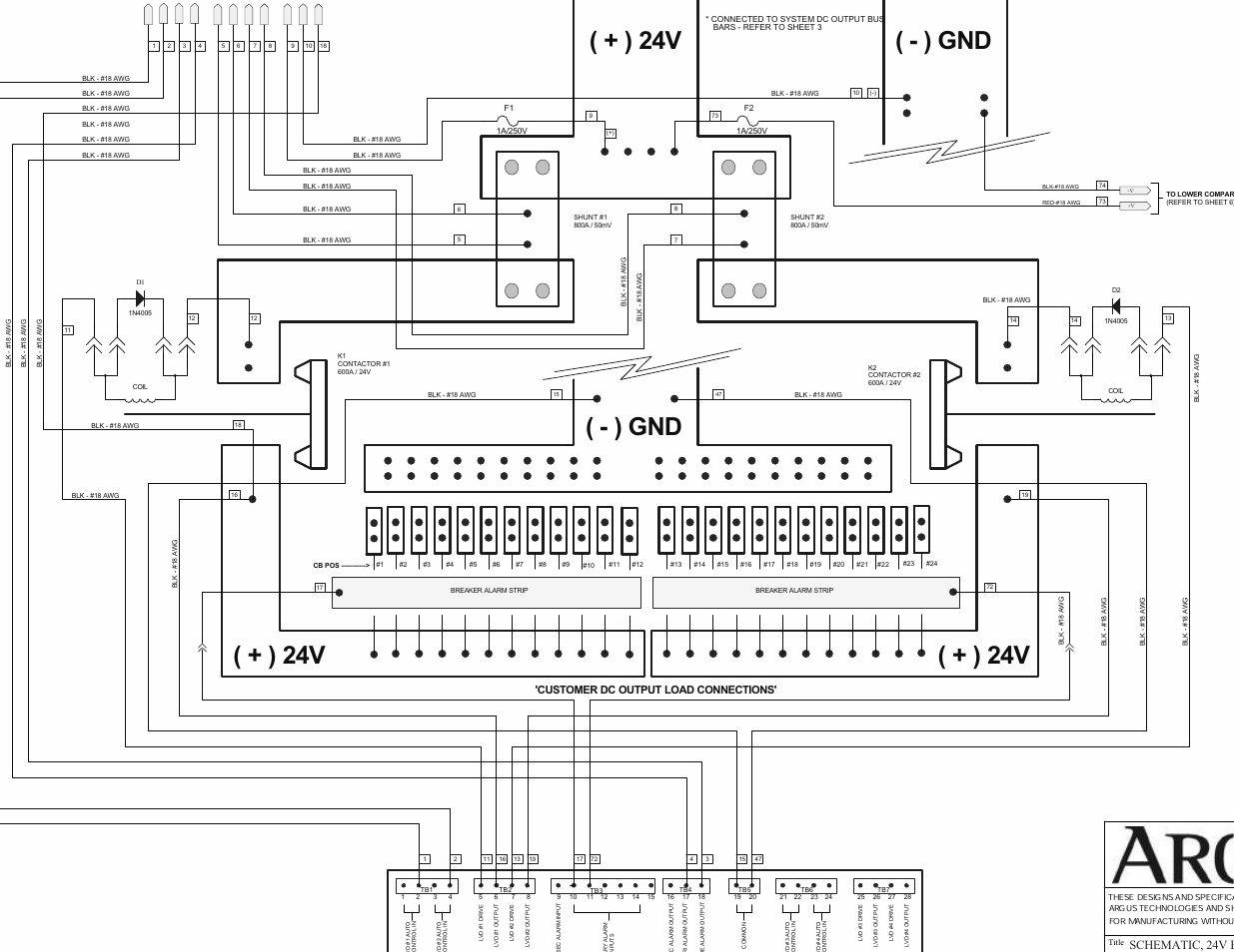 Gnd ( + ) 24v ( - ) gnd, Schematic, 24v enclosure w, 65kaic ac panel, fan door | Customer dc output load connections | Alpha Technologies Te41, 24V User Manual | Page 47 / 72