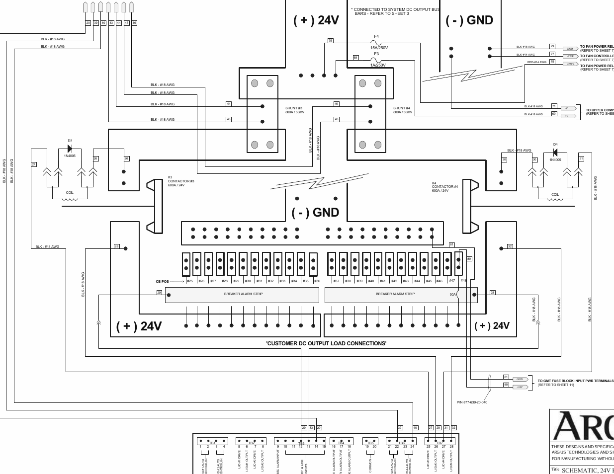 Gnd ( + ) 24v ( - ) gnd, Schematic, 24v enclosure w, 65kaic ac panel, fan door | Customer dc output load connections | Alpha Technologies Te41, 24V User Manual | Page 48 / 72