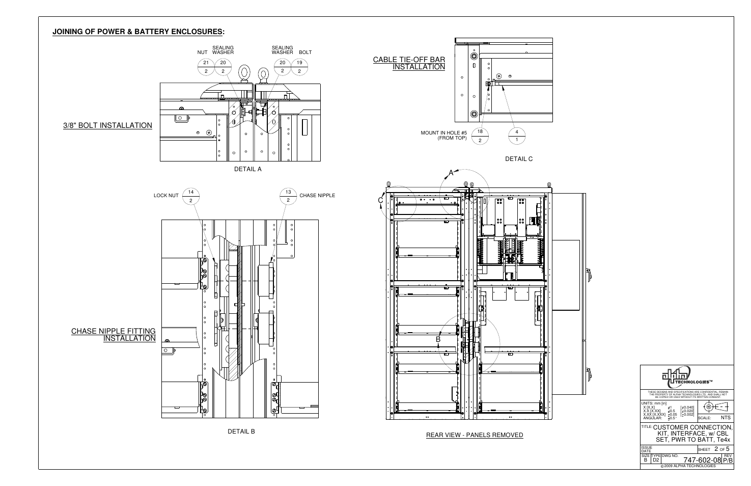 Cable tie-off bar installation, 3/8" bolt installation, Ba c | Alpha Technologies Te43 User Manual | Page 41 / 60