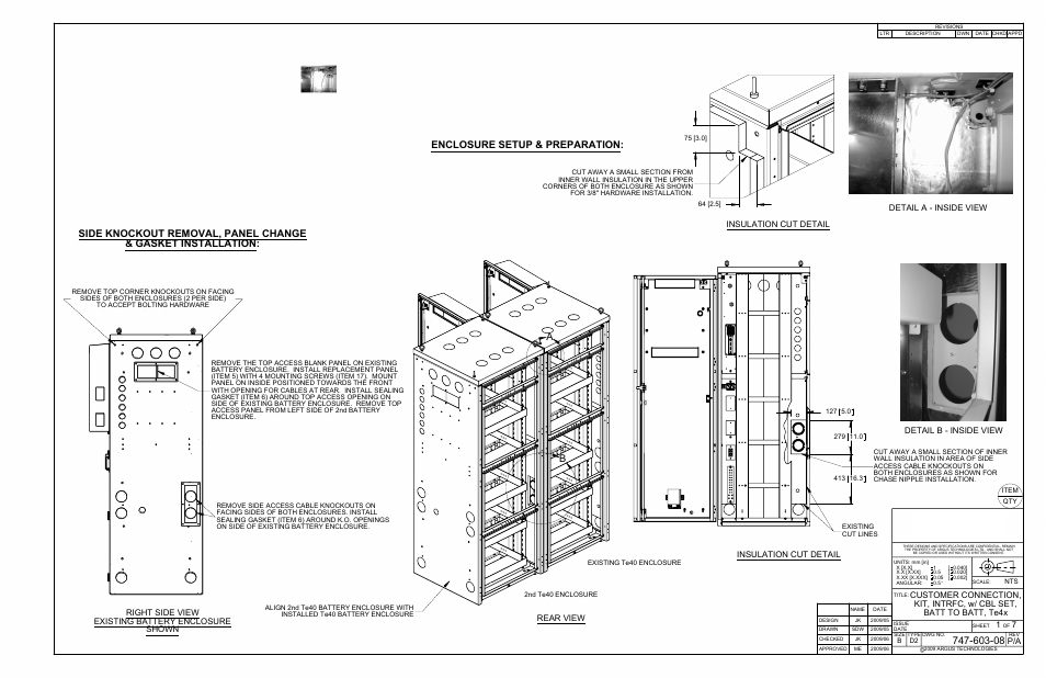Enclosure setup & preparation, P/a 1 7, Right side view existing battery enclosure shown | Rear view, Detail a - inside view, Insulation cut detail, Insulation cut detail detail b - inside view | Alpha Technologies Te43 User Manual | Page 45 / 60