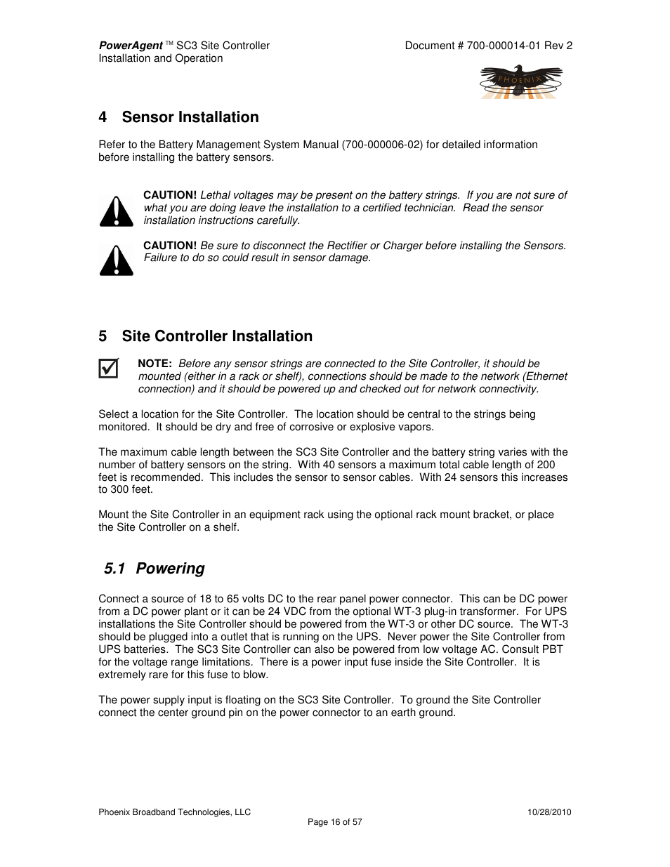 4 sensor installation, 5 site controller installation, 1 powering | Alpha Technologies PowerAgent SC3 User Manual | Page 16 / 57
