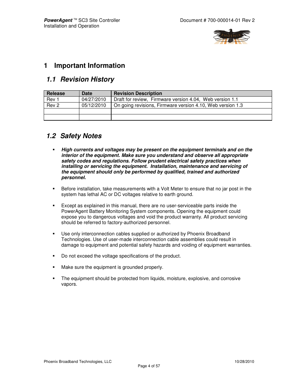 1 important information 1.1 revision history | Alpha Technologies PowerAgent SC3 User Manual | Page 4 / 57