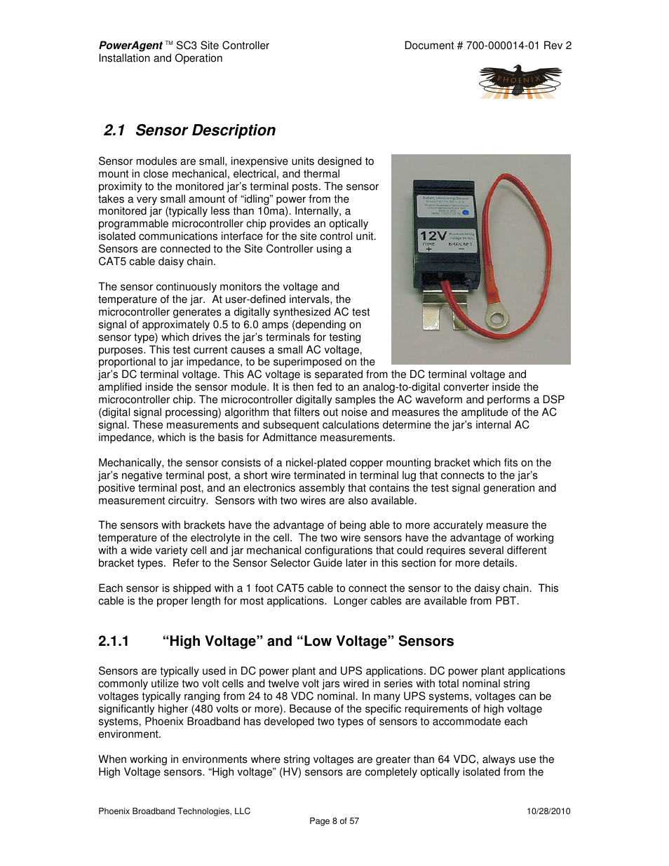 1 sensor description, 1 “high voltage” and “low voltage” sensors | Alpha Technologies PowerAgent SC3 User Manual | Page 8 / 57