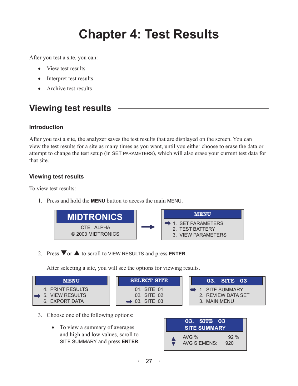 Chapter 4: test results, Viewing test results, Midtronics | Alpha Technologies Celltron Essential CTE-1200 AT; CTE-2200 AT; CTE-3200 AT User Manual | Page 33 / 40