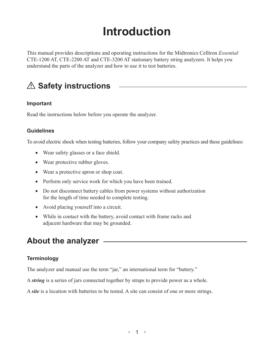 Introduction, Safety instructions, About the analyzer | Alpha Technologies Celltron Essential CTE-1200 AT; CTE-2200 AT; CTE-3200 AT User Manual | Page 7 / 40