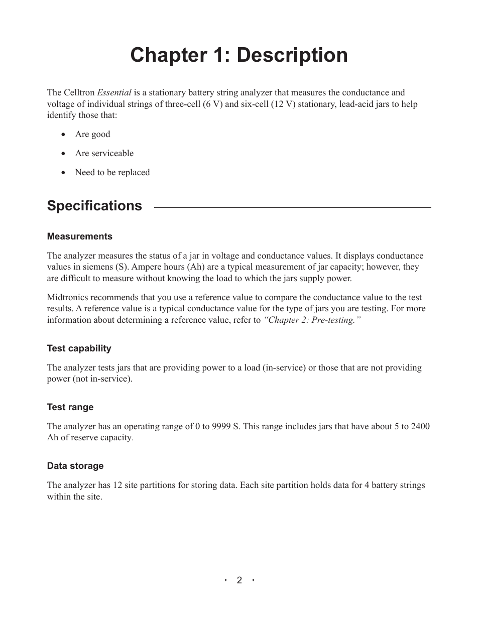 Chapter 1: description, Specifications | Alpha Technologies Celltron Essential CTE-1200 AT; CTE-2200 AT; CTE-3200 AT User Manual | Page 8 / 40