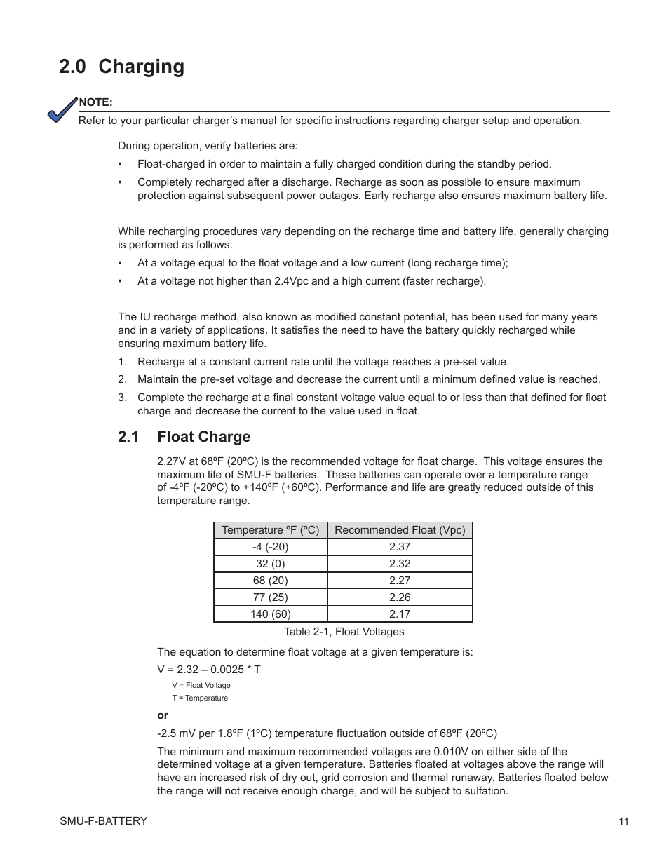 0 charging, 1 float charge, Charging | Float charge, Table 2-1, float voltages | Alpha Technologies AlphaCell SMU-F User Manual | Page 11 / 20
