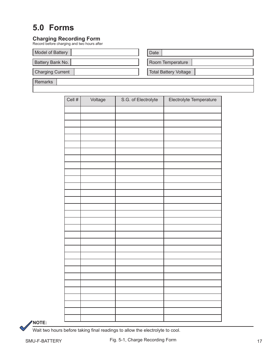 0 form examples, Forms, Fig. 5-1, charge recording form | 0 forms | Alpha Technologies AlphaCell SMU-F User Manual | Page 17 / 20
