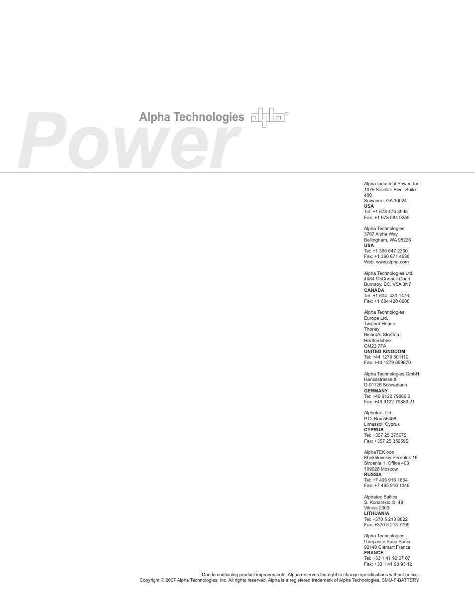 Power, Alpha technologies | Alpha Technologies AlphaCell SMU-F User Manual | Page 20 / 20