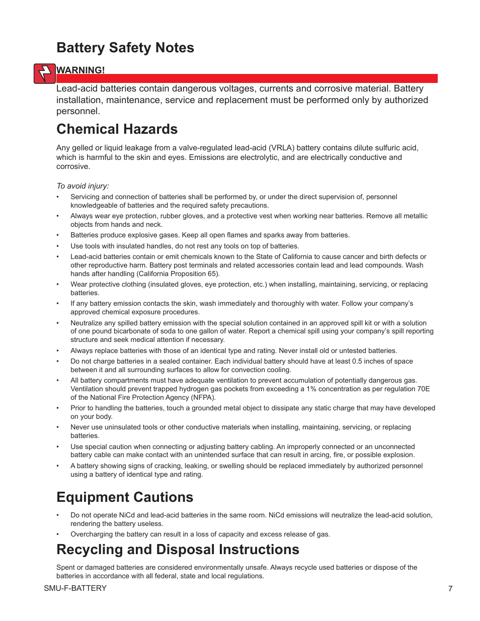 Battery safety notes, Chemical hazards, Recycling and disposal instructions | Alpha Technologies AlphaCell SMU-F User Manual | Page 7 / 20