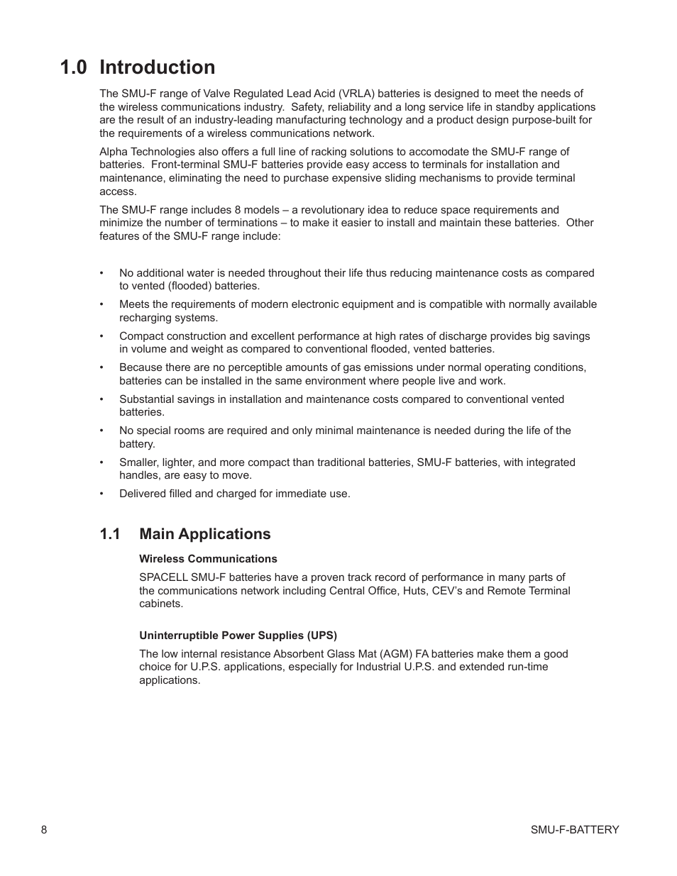 0 introduction, 1 main applications, Introduction 1.1 | Main applications | Alpha Technologies AlphaCell SMU-F User Manual | Page 8 / 20