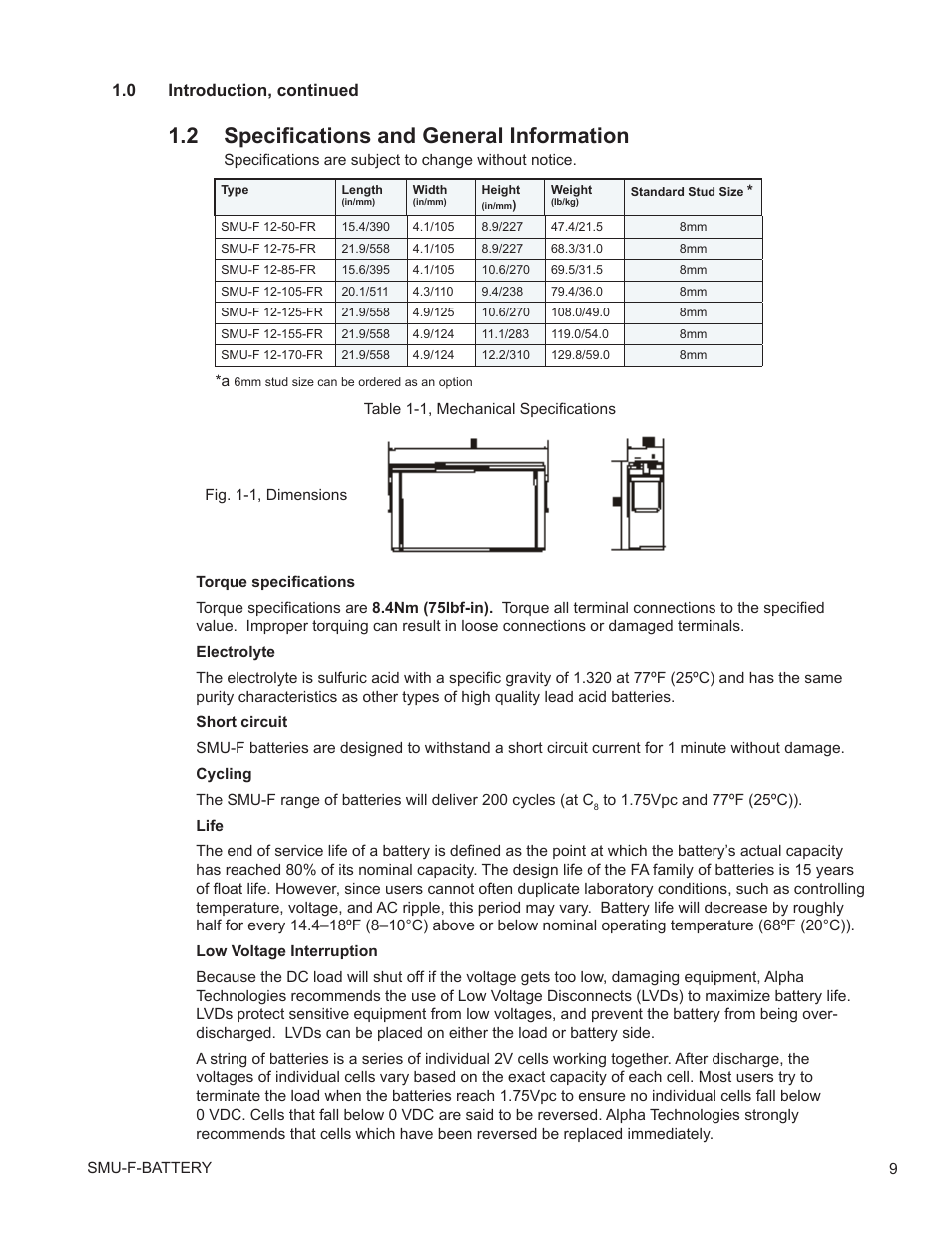 2 specifications and general information, Specifications and general information, Table 1-1, mechanical specifications | Fig. 1-1, dimensions, 0 introduction, continued | Alpha Technologies AlphaCell SMU-F User Manual | Page 9 / 20