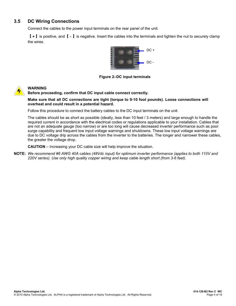 5 dc wiring connections, Dc wiring connections | Alpha Technologies INVERTER 2000 User Manual | Page 10 / 28