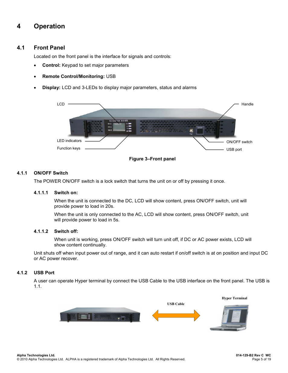 4 operation, 1 front panel, 1 on/off switch | 1 switch on, 2 switch off, 2 usb port, Peration, Front panel, 4operation | Alpha Technologies INVERTER 2000 User Manual | Page 11 / 28