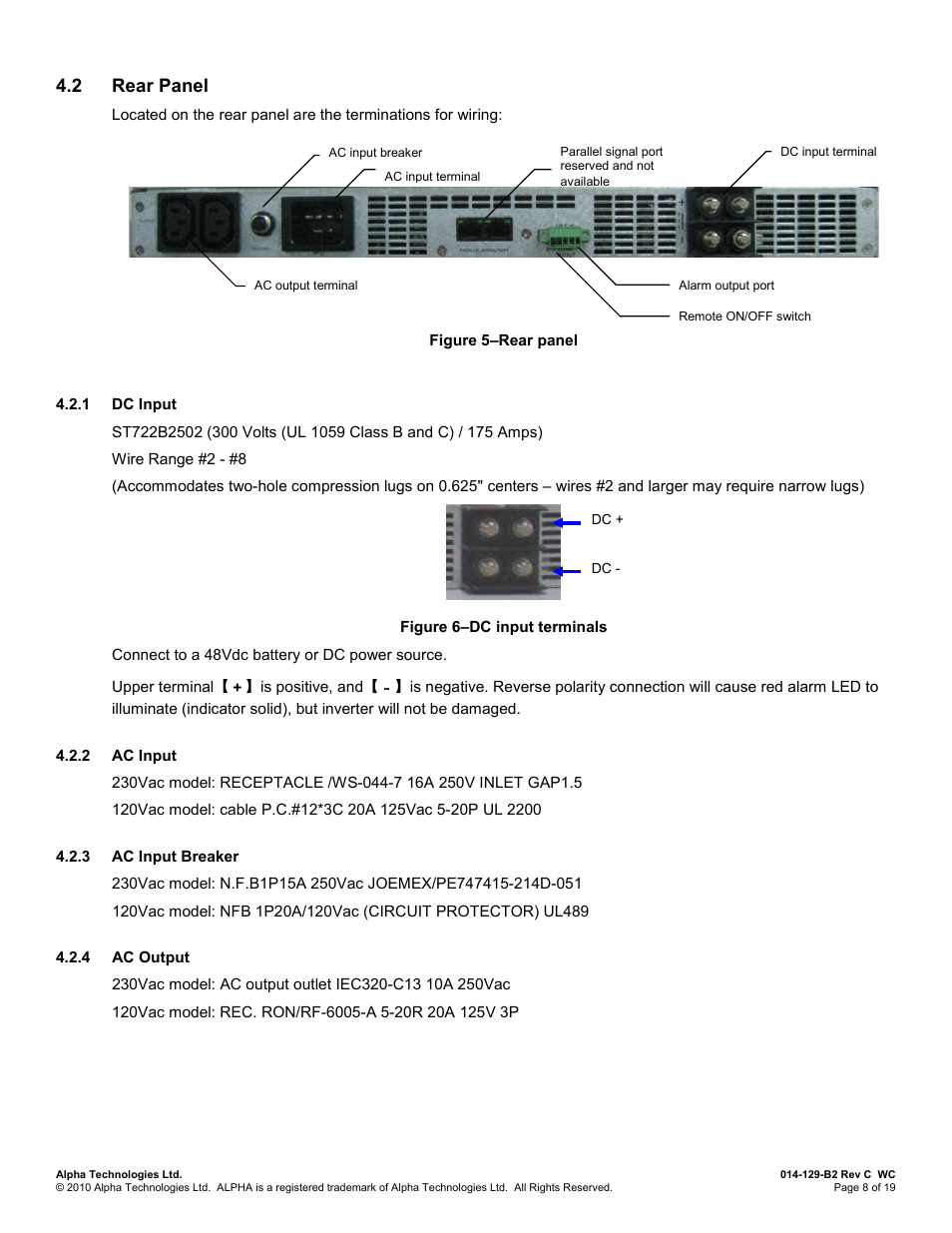 2 rear panel, 1 dc input, 2 ac input | 3 ac input breaker, 4 ac output, Rear panel | Alpha Technologies INVERTER 2000 User Manual | Page 14 / 28