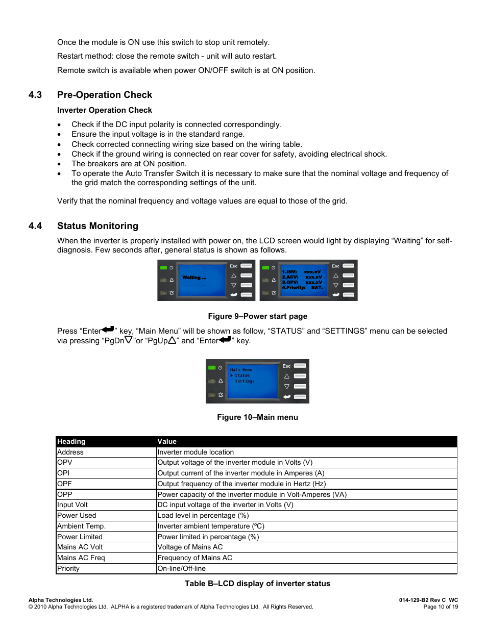 3 pre-operation check, 4 status monitoring, Pre-operation check | Status monitoring | Alpha Technologies INVERTER 2000 User Manual | Page 16 / 28