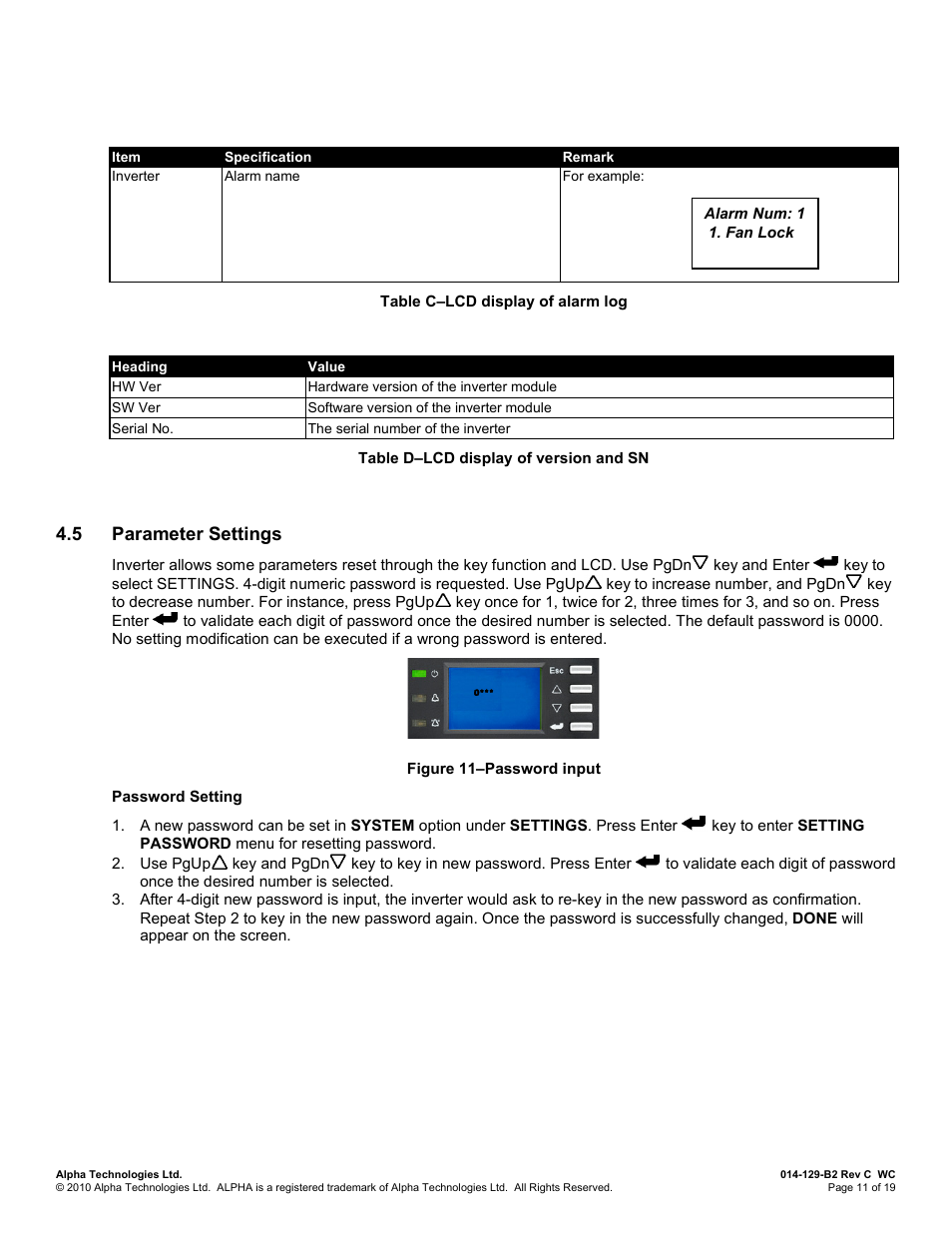 5 parameter settings, Parameter settings | Alpha Technologies INVERTER 2000 User Manual | Page 17 / 28
