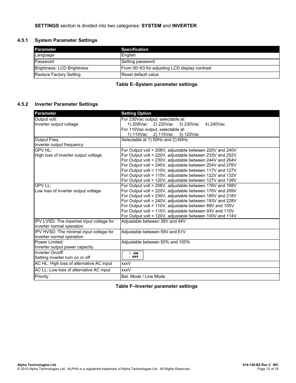 1 system parameter settings, 2 inverter parameter settings | Alpha Technologies INVERTER 2000 User Manual | Page 18 / 28
