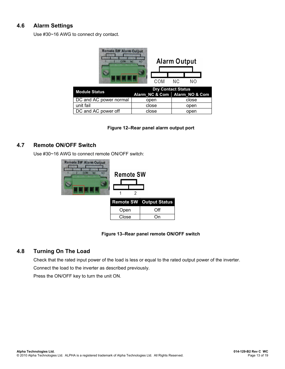 6 alarm settings, 7 remote on/off switch, 8 turning on the load | Alarm settings, Remote on/off switch, Turning on the load | Alpha Technologies INVERTER 2000 User Manual | Page 19 / 28