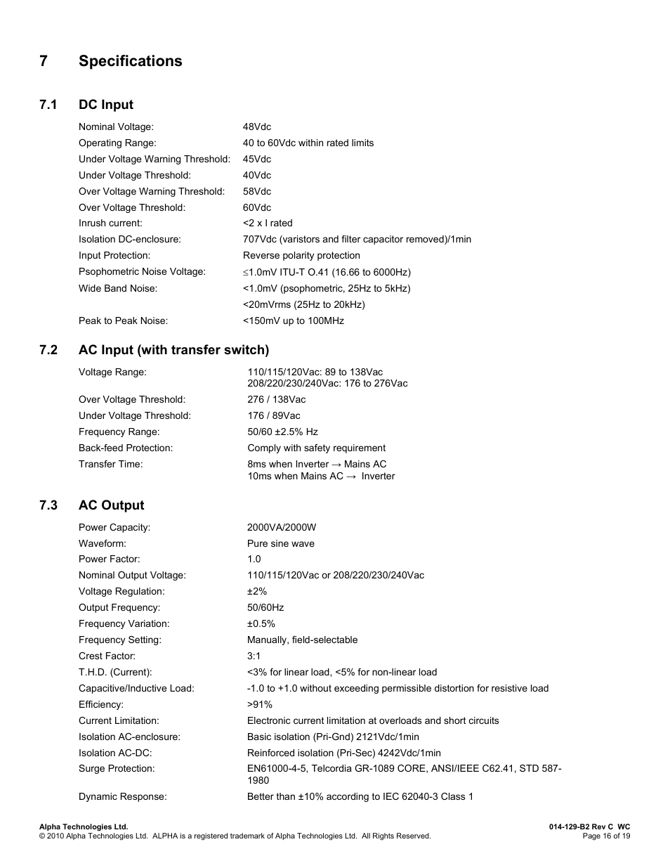 7 specifications, 1 dc input, 2 ac input (with transfer switch) | 3 ac output, Pecifications, Dc input, Ac input (with transfer switch), Ac output, 7specifications | Alpha Technologies INVERTER 2000 User Manual | Page 22 / 28