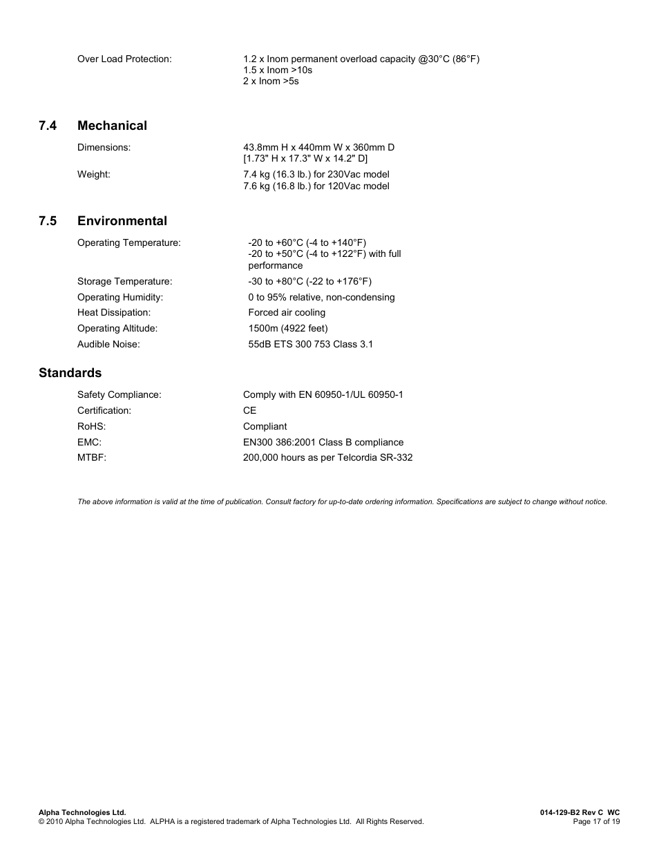 4 mechanical, 5 environmental, Standards | Mechanical, Environmental | Alpha Technologies INVERTER 2000 User Manual | Page 23 / 28