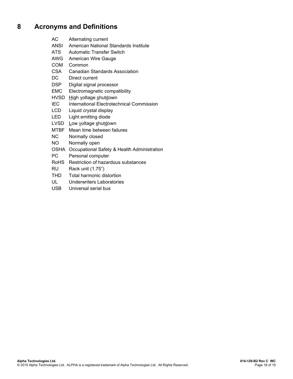 8 acronyms and definitions, Cronyms and, Efinitions | 8acronyms and definitions | Alpha Technologies INVERTER 2000 User Manual | Page 24 / 28