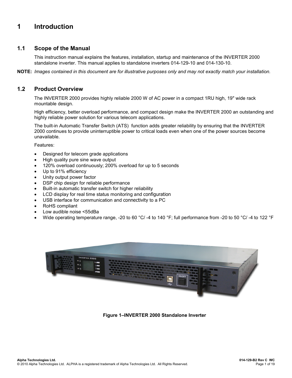 1 introduction, 1 scope of the manual, 2 product overview | Ntroduction, Scope of the manual, Product overview, 1introduction | Alpha Technologies INVERTER 2000 User Manual | Page 7 / 28