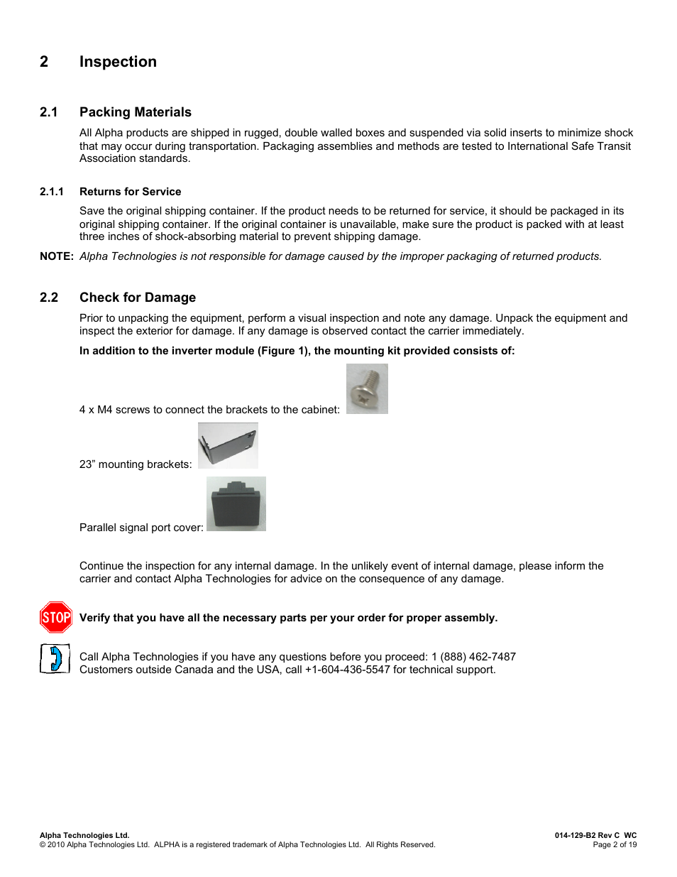2 inspection, 1 packing materials, 1 returns for service | 2 check for damage, Nspection, Packing materials, Check for damage, 2inspection | Alpha Technologies INVERTER 2000 User Manual | Page 8 / 28