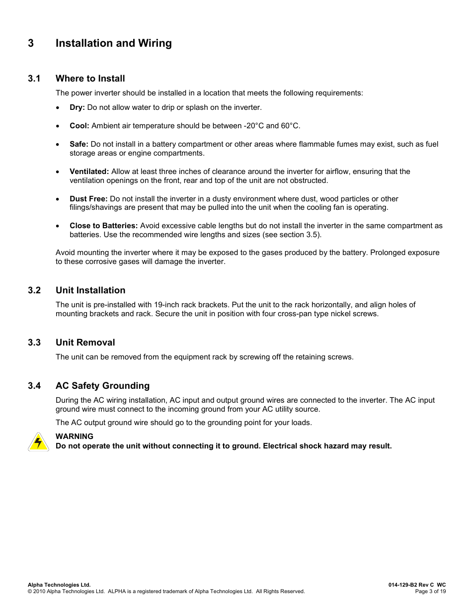 3 installation and wiring, 1 where to install, 2 unit installation | 3 unit removal, 4 ac safety grounding, Nstallation and, Iring, Where to install, Unit installation, Unit removal | Alpha Technologies INVERTER 2000 User Manual | Page 9 / 28