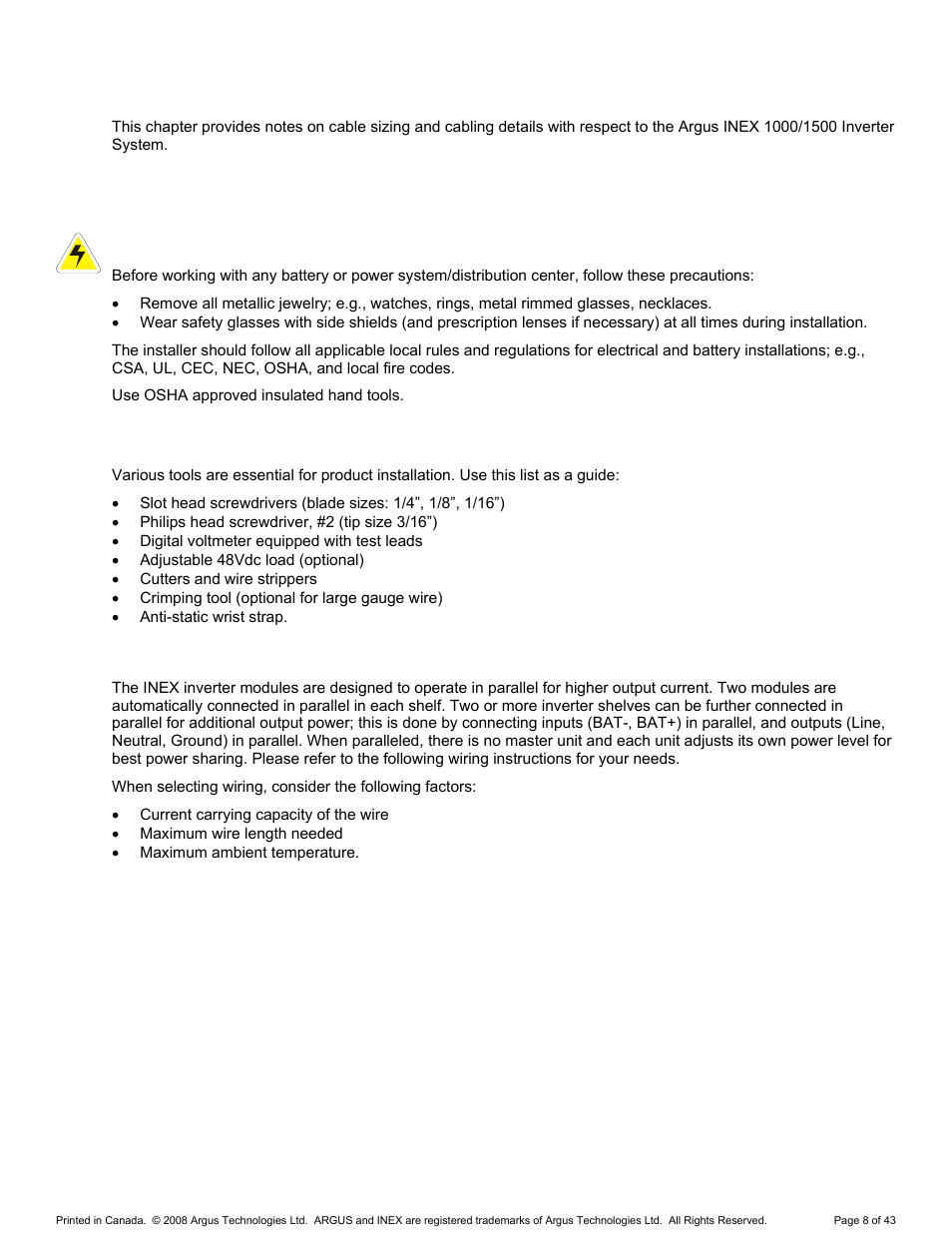 Wiring and connections, Safety precautions, Tools required | Wire selection, 4wiring and connections | Alpha Technologies INEX Inverter System User Manual | Page 18 / 54