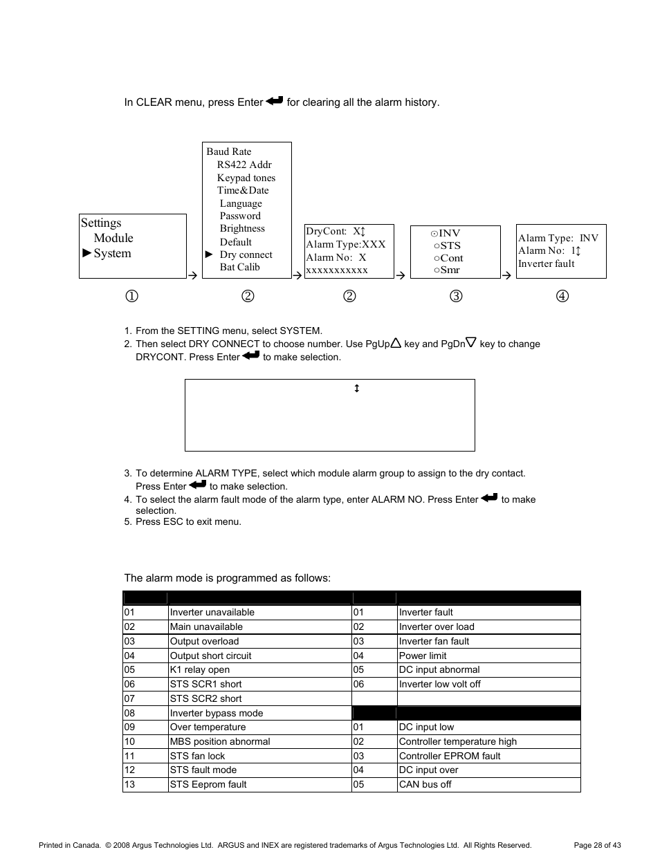 Alarm settings, Clear alarm history, Dry contact alarm configuration a | Dry contact alarm configuration b, Settings module ►system | Alpha Technologies INEX Inverter System User Manual | Page 38 / 54