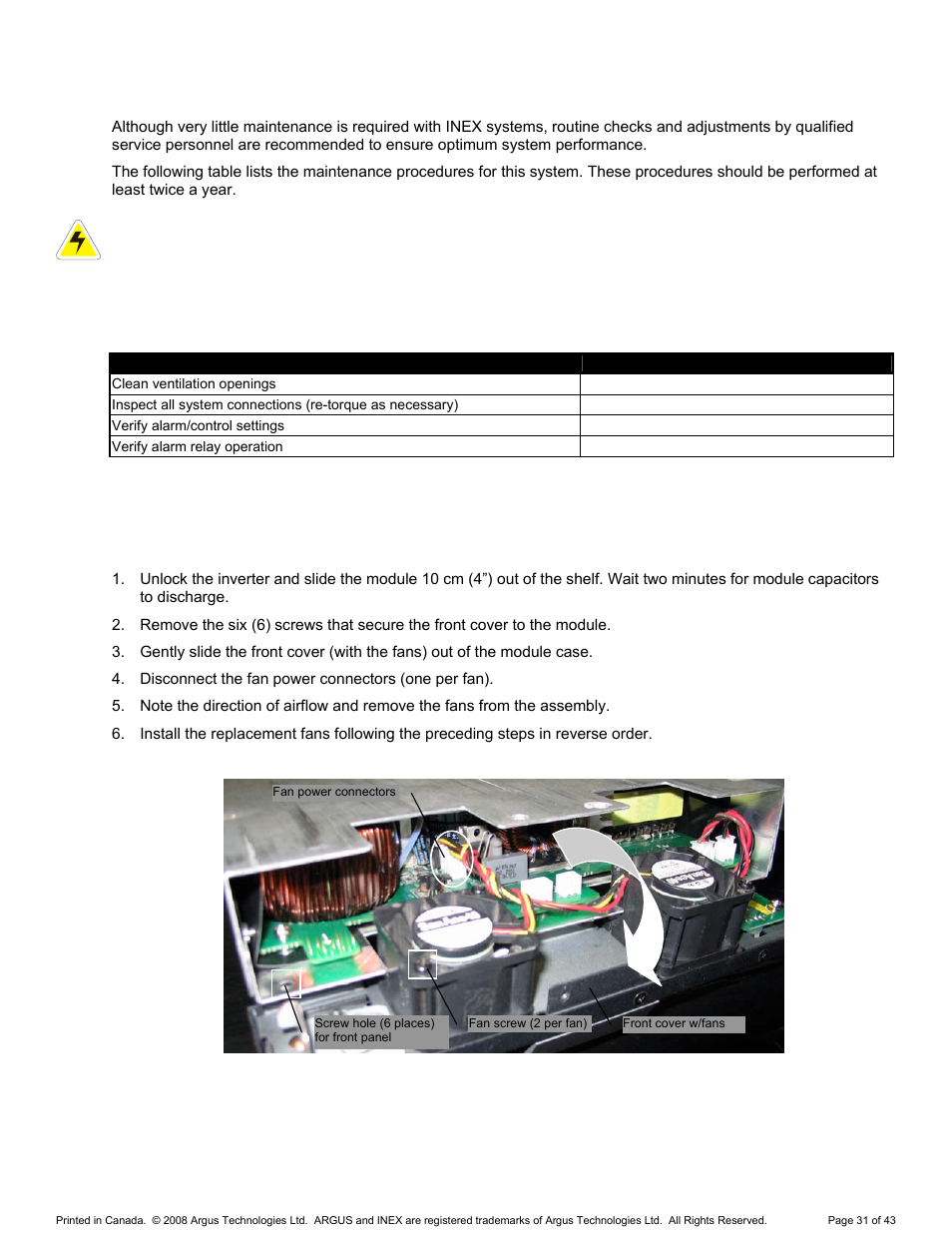 Maintenance, Inverter fan replacement, 8 maintenance | 1 inverter fan replacement | Alpha Technologies INEX Inverter System User Manual | Page 41 / 54