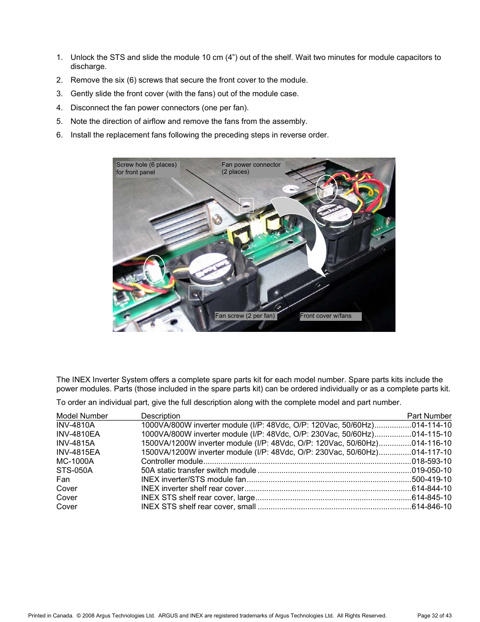 Sts fan replacement, Replacement parts, 2 sts fan replacement | 3 replacement parts | Alpha Technologies INEX Inverter System User Manual | Page 42 / 54